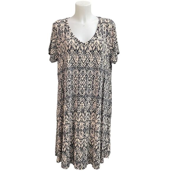 RACHEL ZOE Cream Aztec Print stretch Slip On Shift Dress short sleeve sz 2X - Picture 1 of 8